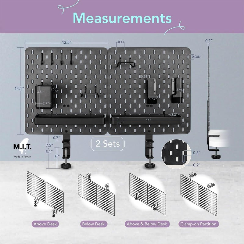 EHO Clamp-On Desk Pegboard, 2Pack (Combined Size 27 x 14 inch) Privacy Divider, Desk Partition Panel, No-Drill Desk Mounted Peg Board Organizer for Office, Gaming, Home, Black - Image 2